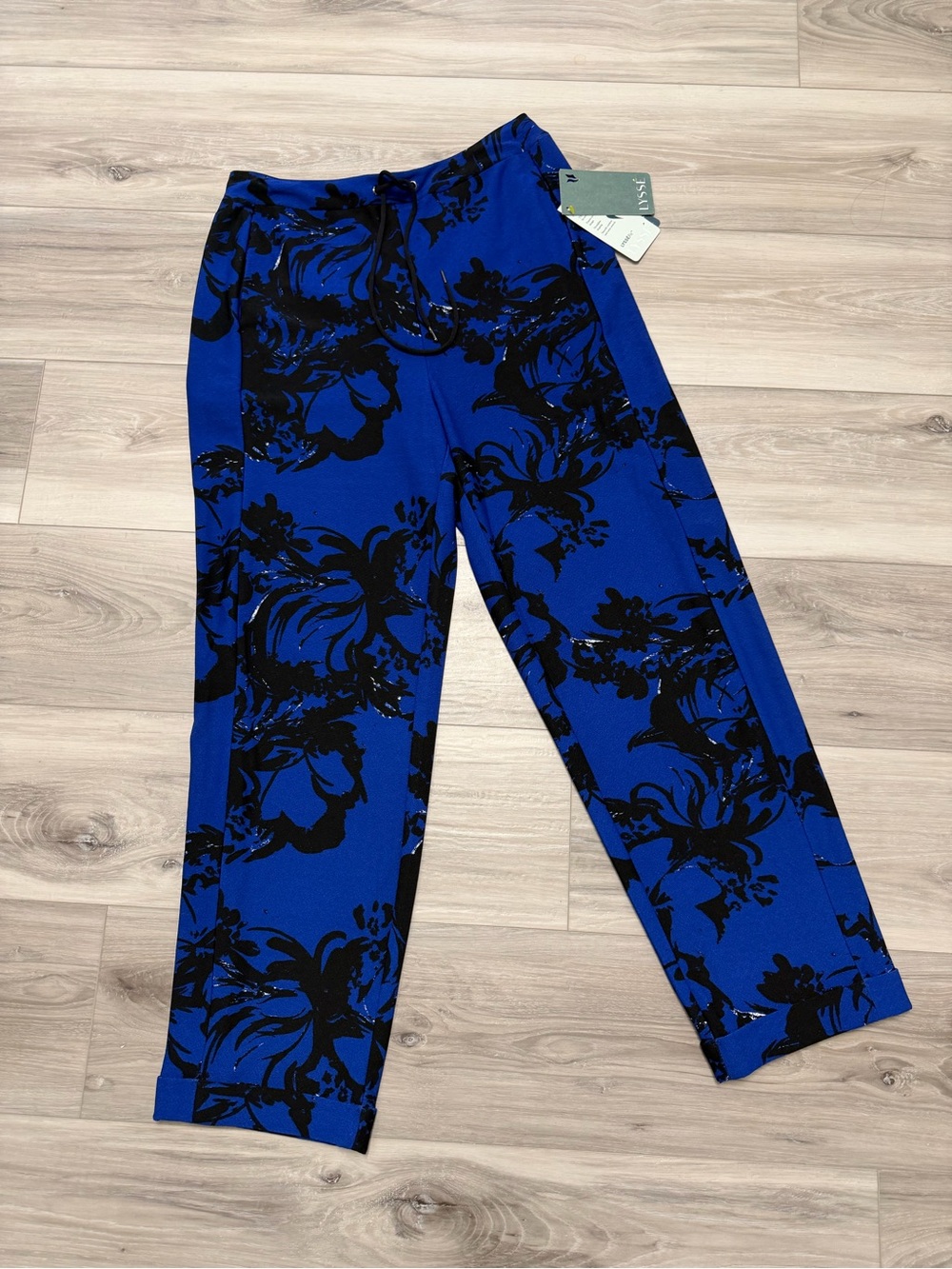 Lysse Womens Crepe Surf Pants Royal Blue Floral Print Drawstring Pants Size S